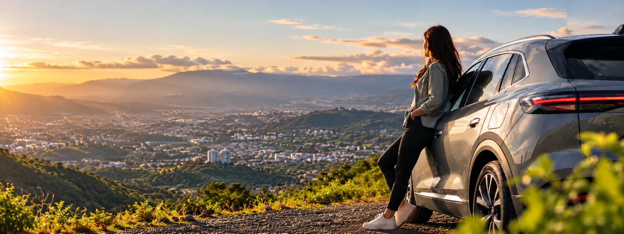 Mujer junto a su vehículo eléctrico con vista a Escazú al atardecer